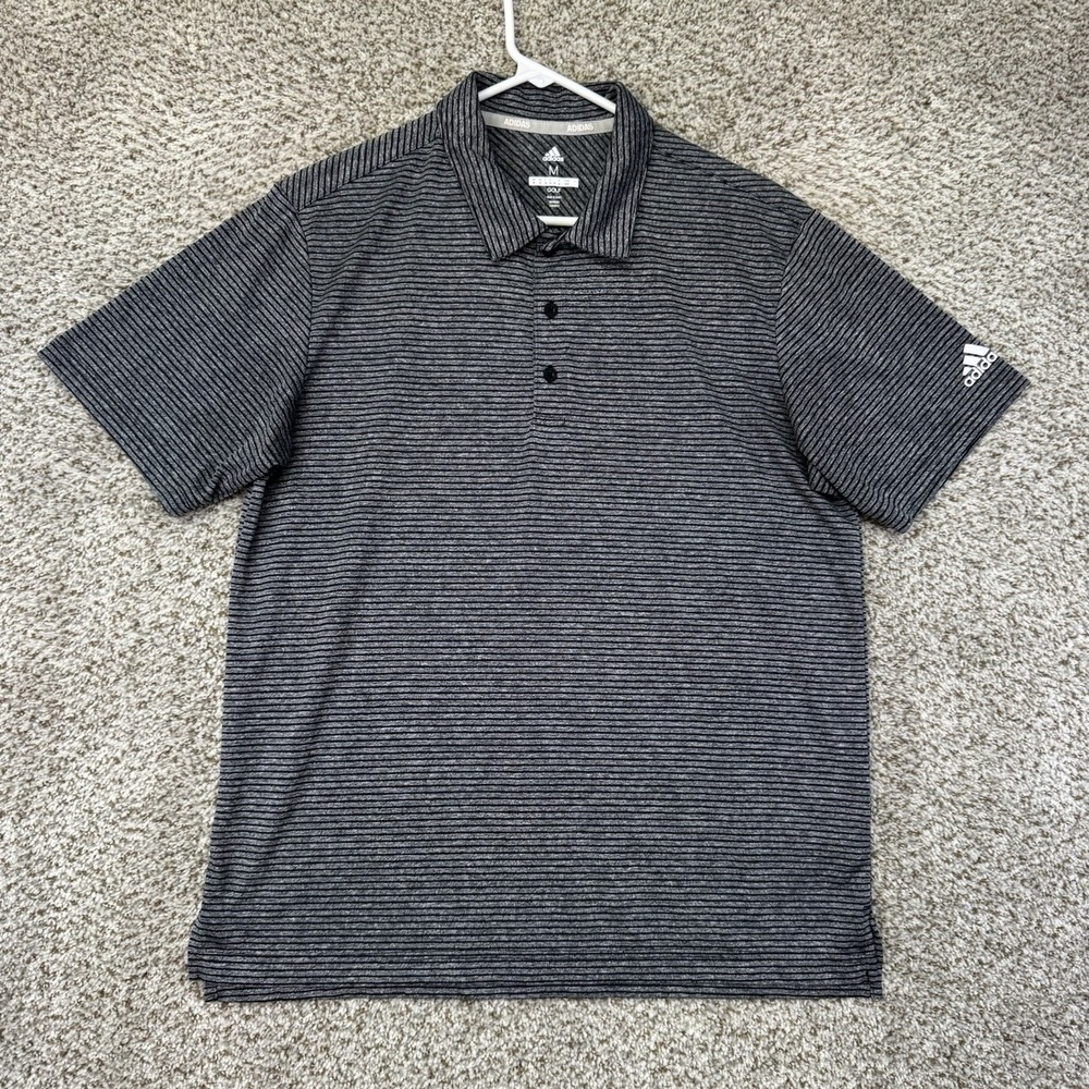 Adidas Gold Polo Shirt Men's Size‎ Medium Heather Gray Black Stripes Performance